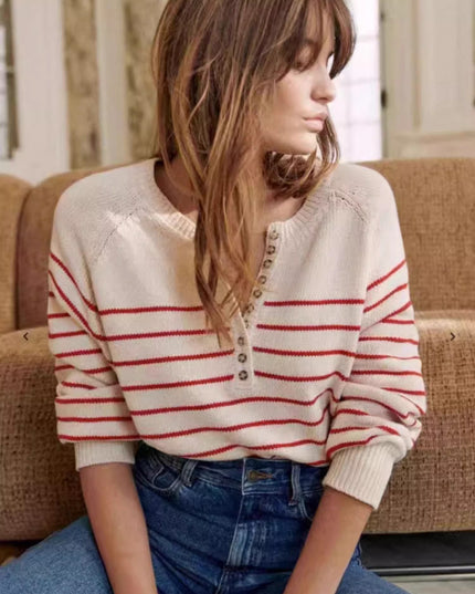 Fashion Vintage Button Striped Long Sleeve Round Neck Puff Sleeve Sweater