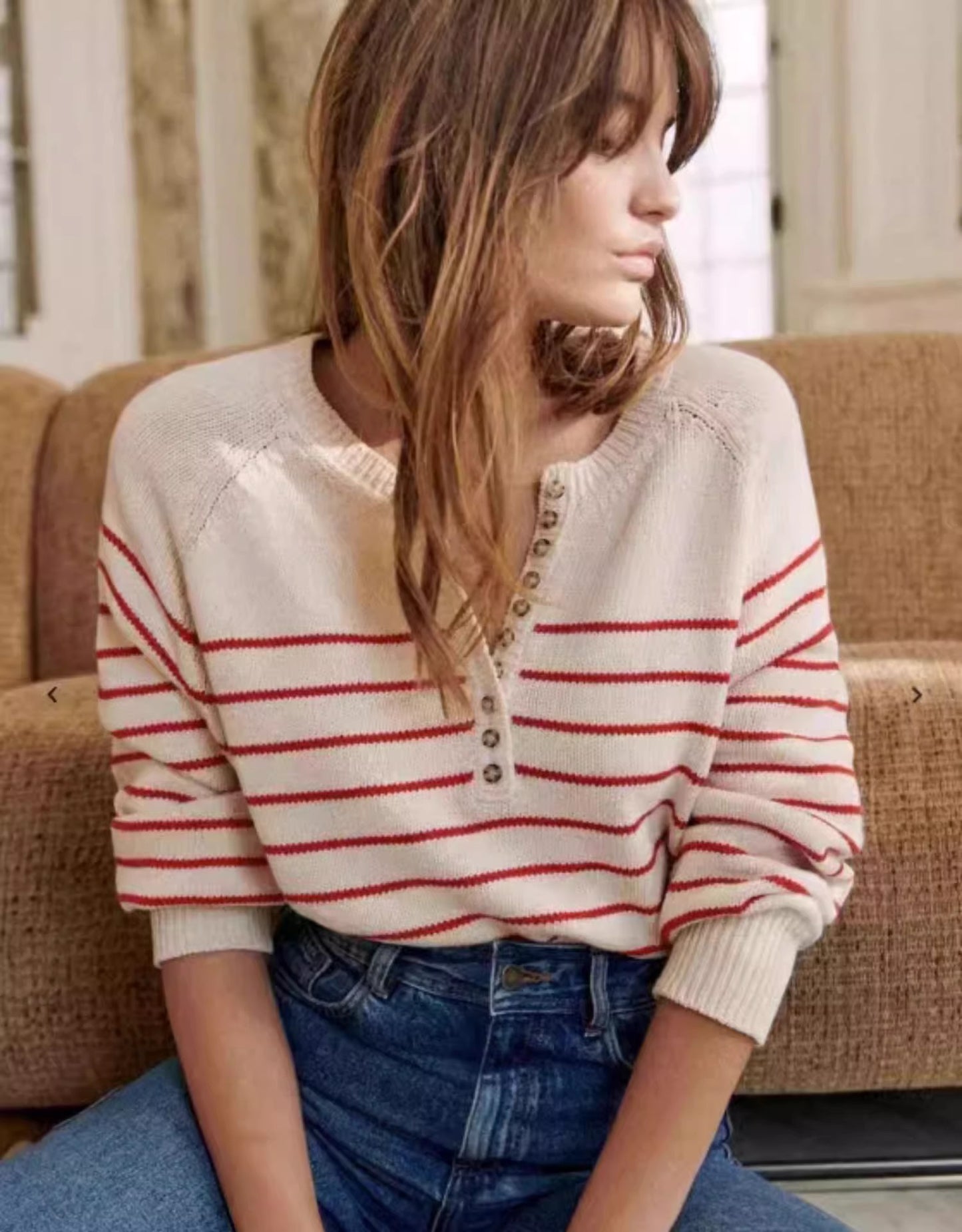 Fashion Vintage Button Striped Long Sleeve Round Neck Puff Sleeve Sweater