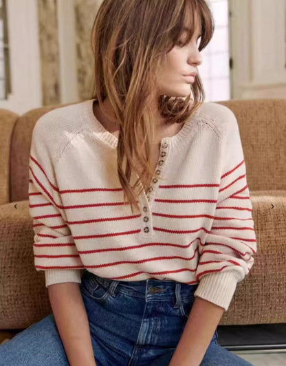 Fashion Vintage Button Striped Long Sleeve Round Neck Puff Sleeve Sweater