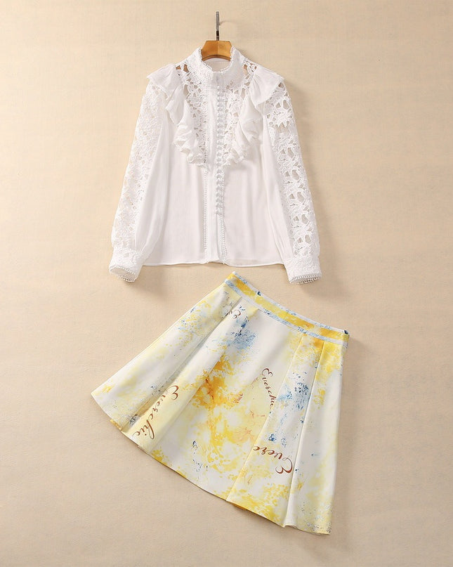 Silk Crinkle Silk Stitching Water Soluble Lotus Leaf Stand Collar Top A- Line Skirt Short Skirt Fashion Suit
