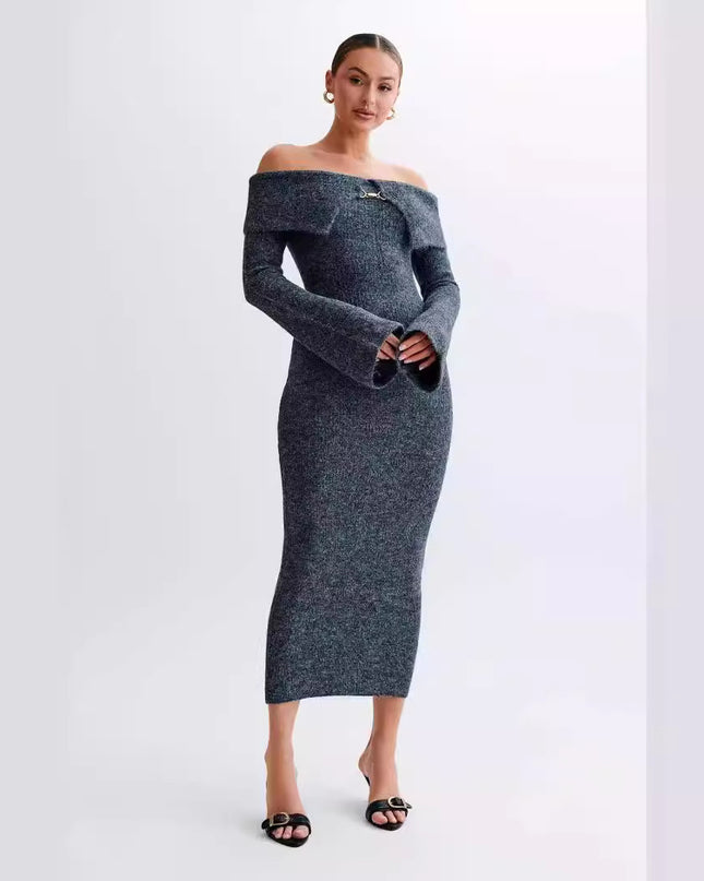 Fashion Polo Collar Off-the-shoulder Dress Striped Dress