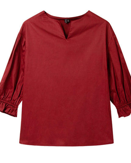 Three-quarter sleeves v-neck shirt cotton loose flared sleeve top