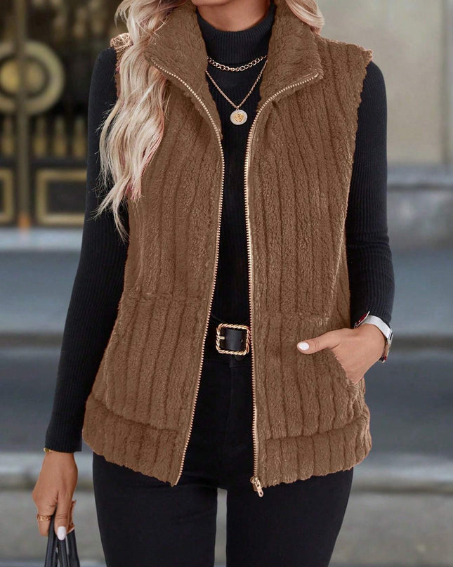 Autumn And Winter Women's Casual Zipper Stand Up Collar Vest Jacket