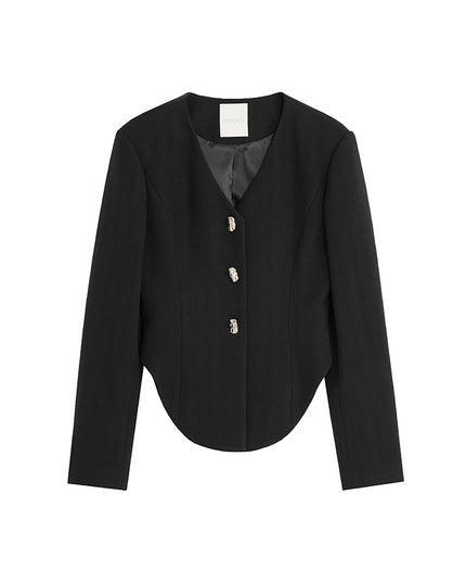 Black V Neck Cropped Blazer With Stylish Shoulder Pads