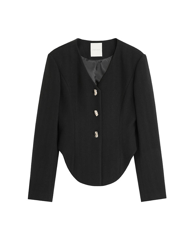 Black V Neck Cropped Blazer With Stylish Shoulder Pads