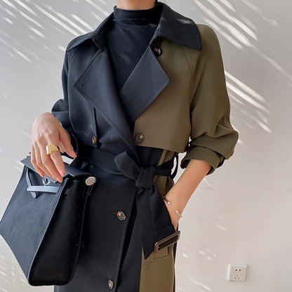 Contrast Stitching Mid-length Loose Double-breasted Jacket Tooling Jacket Trench Coat
