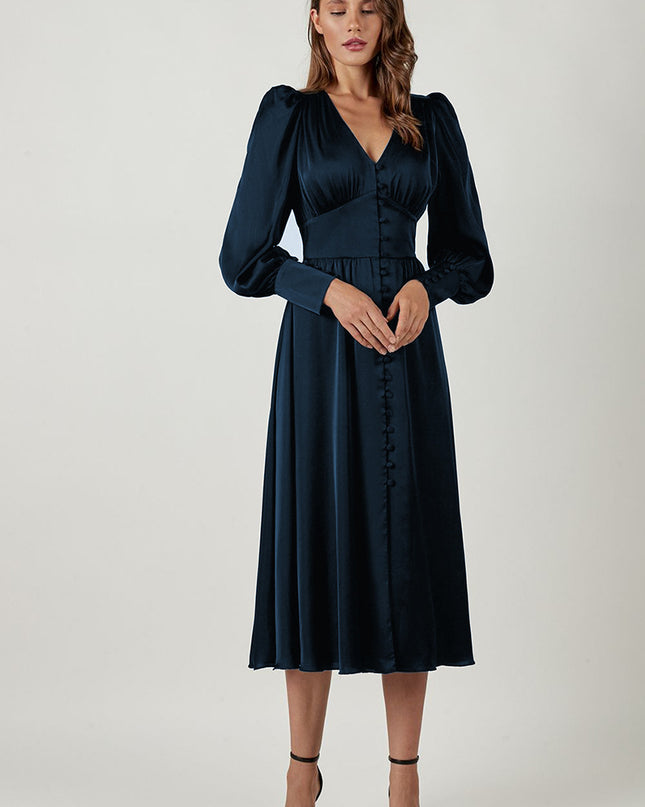 Design Balloon Sleeve Nipped Waist French Satin Dress