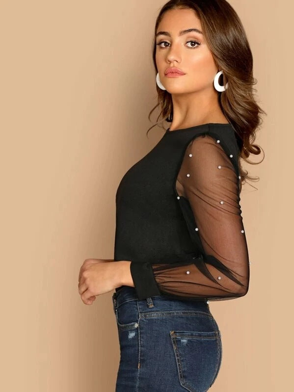 Women's Long Sleeve Beaded Mesh Patchwork Top Shirt