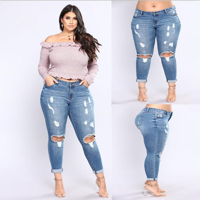 Stretch denim hole high waist jeans