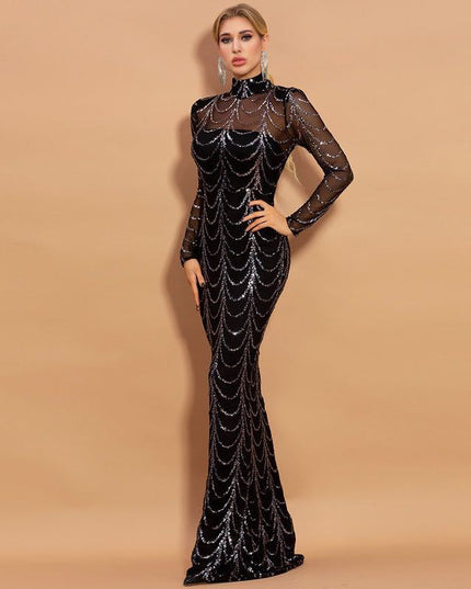 Sequins Women Maxi Dresses Long Sleeve Female Party Dresses