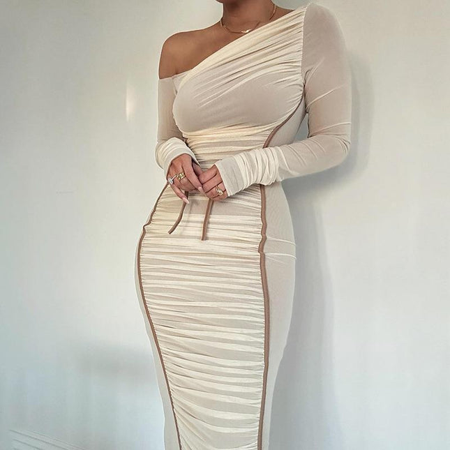 Women's Diagonal Collar Long Sleeve High Waist Mesh Dress