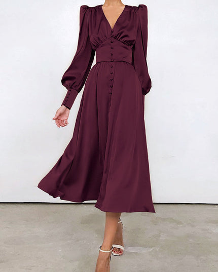 Design Balloon Sleeve Nipped Waist French Satin Dress