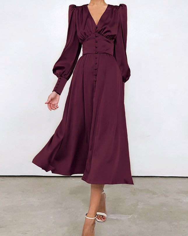 Design Balloon Sleeve Nipped Waist French Satin Dress