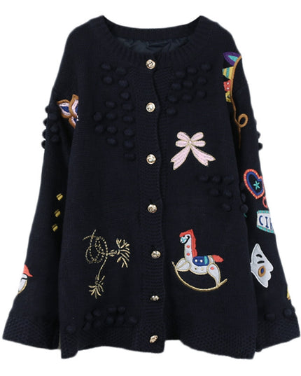 Women's Sweater Long Sleeve Cartoon Embroidered Loose Knit Cardigan