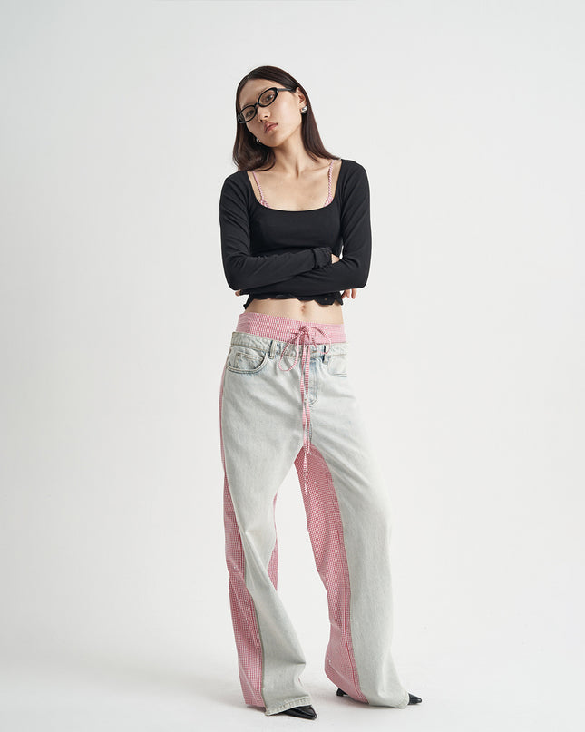 Patchwork Jeans Pink Plaid Women's Clothing