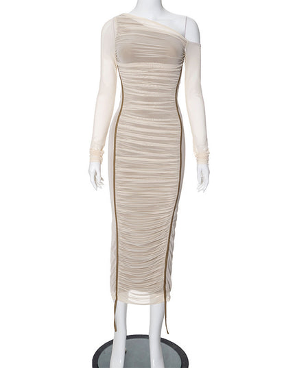 Women's Diagonal Collar Long Sleeve High Waist Mesh Dress