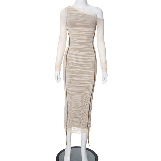 Women's Diagonal Collar Long Sleeve High Waist Mesh Dress