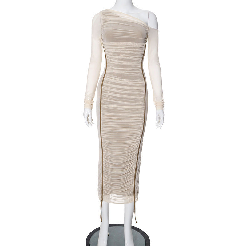 Women's Diagonal Collar Long Sleeve High Waist Mesh Dress