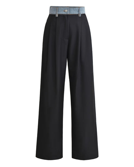 Color Contrast Patchwork Denim Waist High Waist Loose Straight Casual Pants