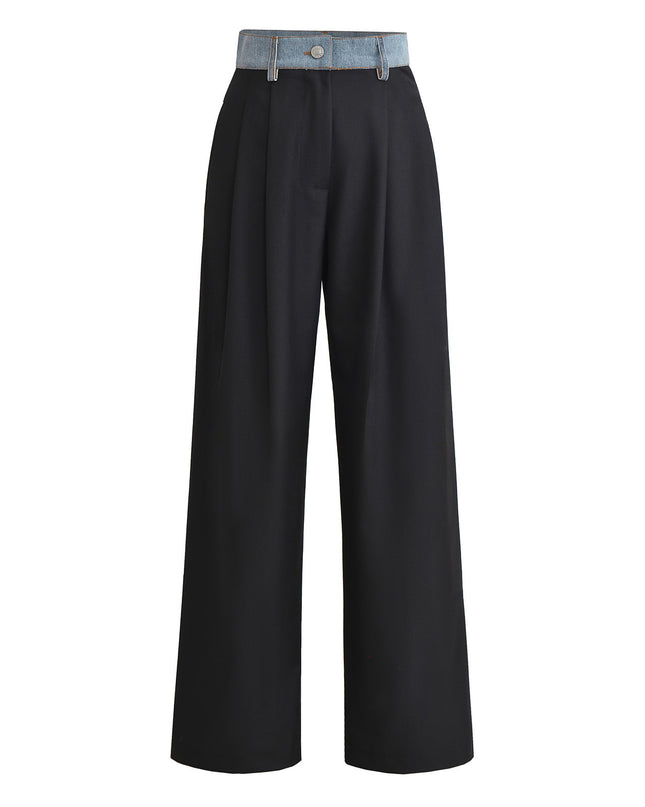 Color Contrast Patchwork Denim Waist High Waist Loose Straight Casual Pants