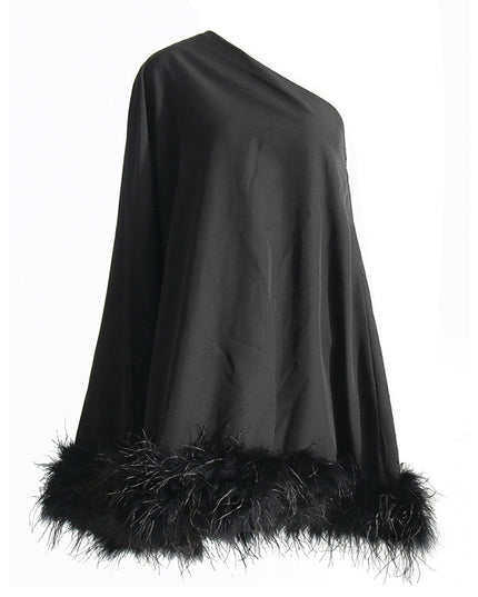 One Shoulder Feather Trim Evening Dress Solid Color Short Dress