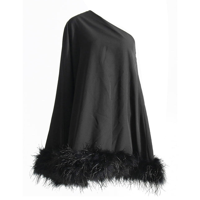 One Shoulder Feather Trim Evening Dress Solid Color Short Dress