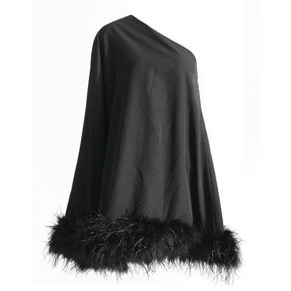 One Shoulder Feather Trim Evening Dress Solid Color Short Dress