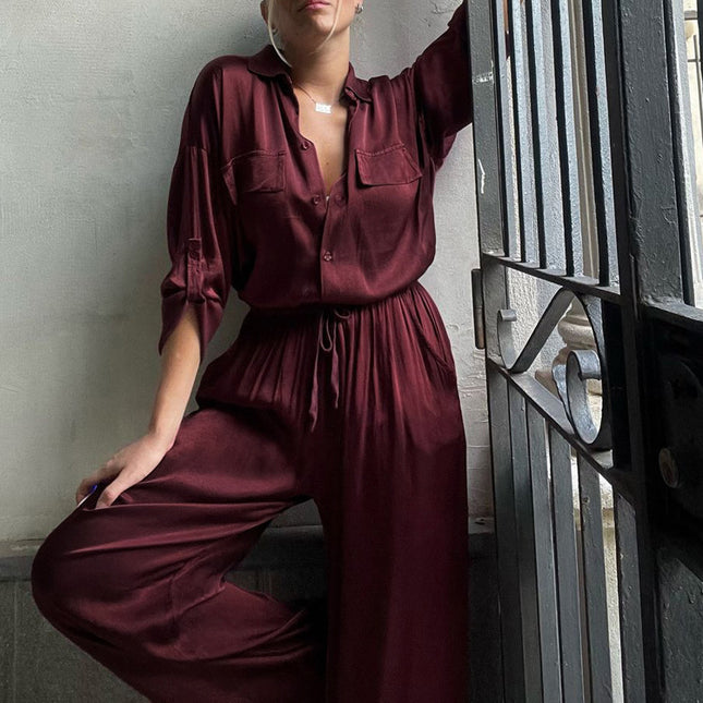 Lapel Long Sleeve Loose Shirt High Waist Trousers Two-piece Set