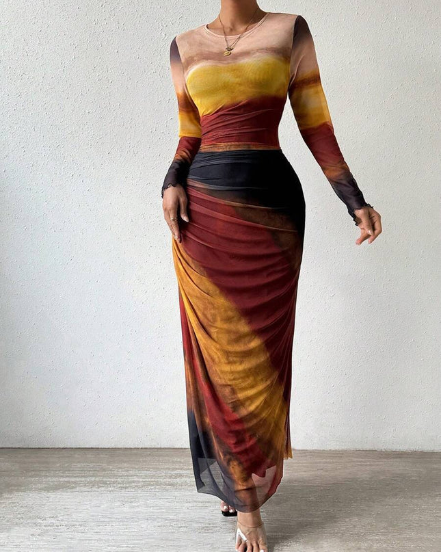 Tie-dyed Long Sleeve Slim Fit Hot Girl Long Dress