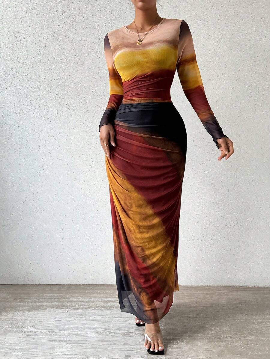 Tie-dyed Long Sleeve Slim Fit Hot Girl Long Dress