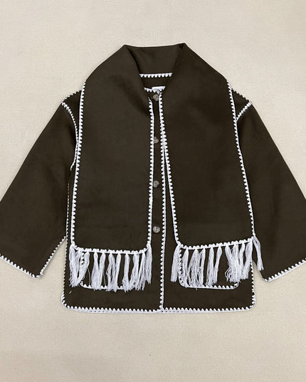 New Wool Blend Autumn And Winter Tassel Scarf Collar Loose Woolen Coat