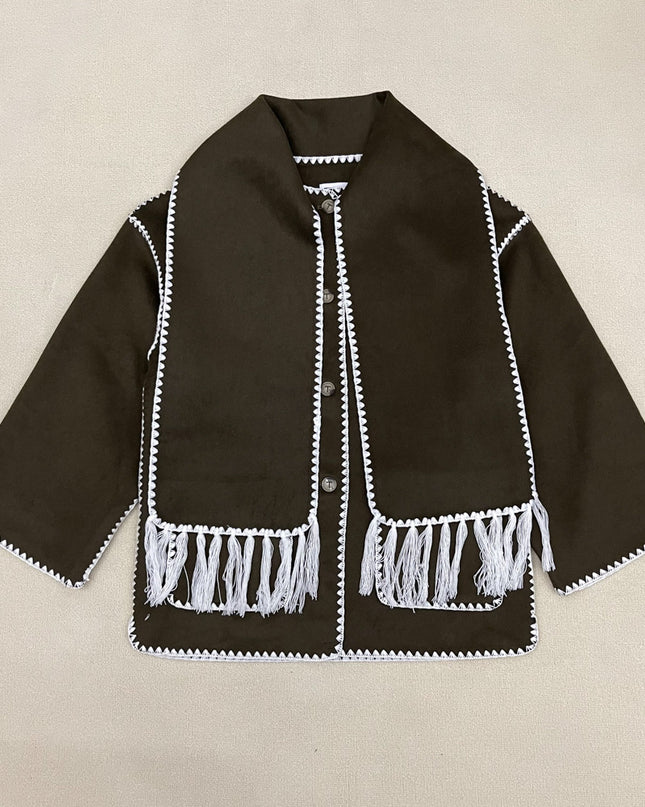 New Wool Blend Autumn And Winter Tassel Scarf Collar Loose Woolen Coat