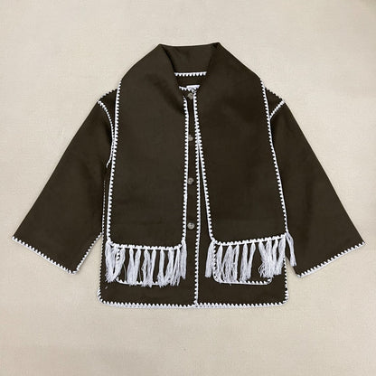 New Wool Blend Autumn And Winter Tassel Scarf Collar Loose Woolen Coat