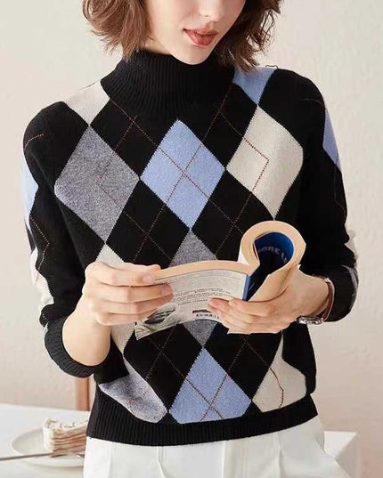 Vintage Diamond Lattice Pure Cashmere High Lapel Inlay Knitted Sweater