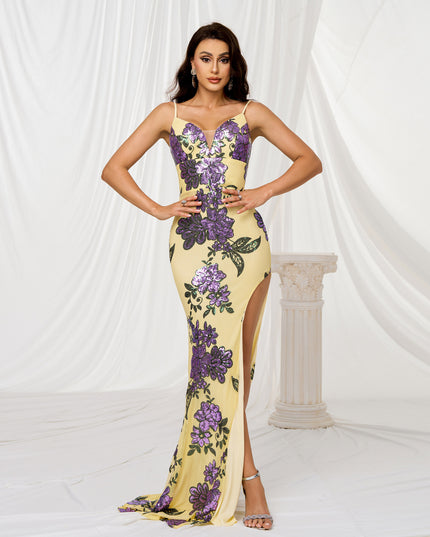 V-neck Brace Slim-fit Sheath Sequined Slit Evening Dress