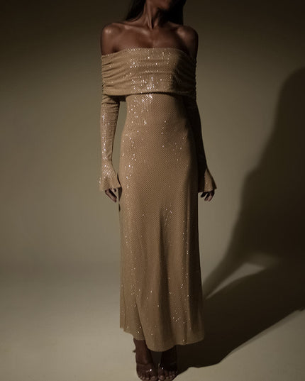 Sexy Luxury Strapless Long Sleeve Slim Rhinestone Noble Dress