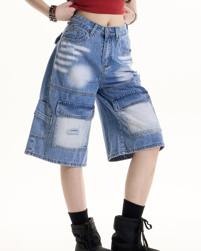 Women's Retro Hot Girl Ripped Design Denim Middle Pants