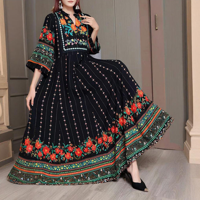 Women's Ethnic Style V-Neck Long Sleeve Dress