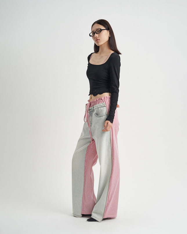 Patchwork Jeans Pink Plaid Women's Clothing