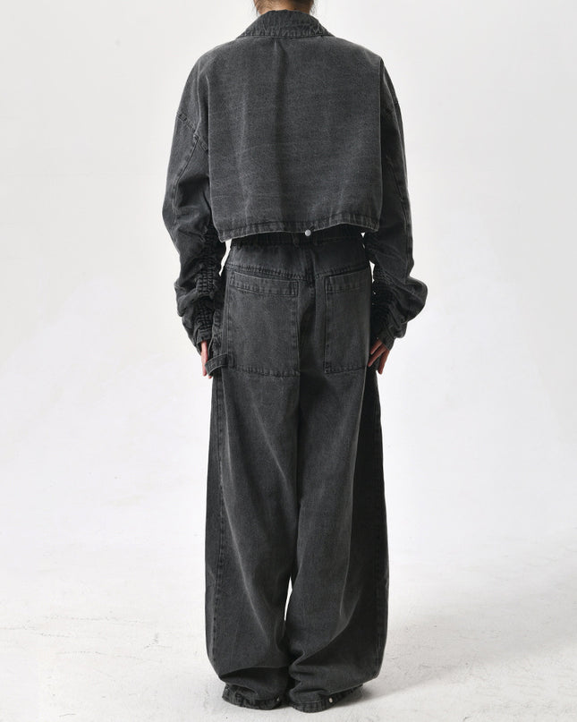 Women's Large Pocket Heavy Industry Denim Jacket Two-piece Set