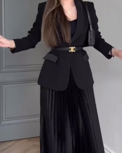 Solid Color Blazer & Pleated Skirt Suit