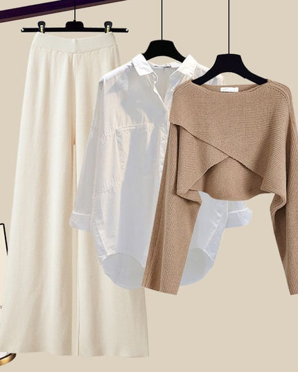 Knitted Sweater Shirt Wide Leg Pants Three-piece Set Suit