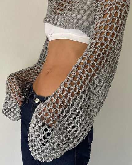 Solid Color Round Neck Long Sleeve Knitted Blouse