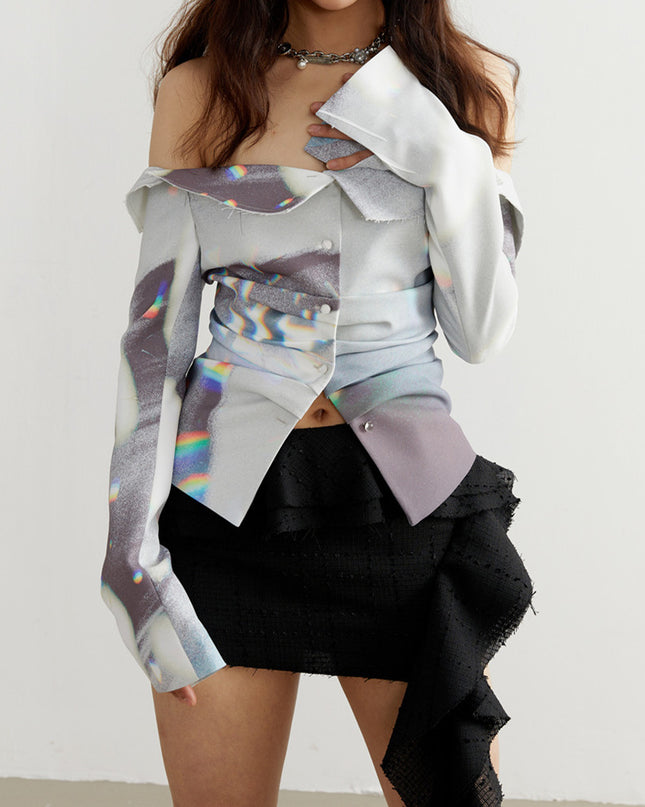 Ladies Designer Natural Light And Shadow Print Caution Machine Shirt