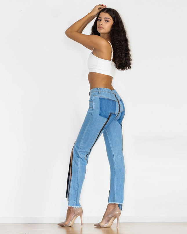 Light Blue Zipper Personality Design Irregular Skinny Jeans