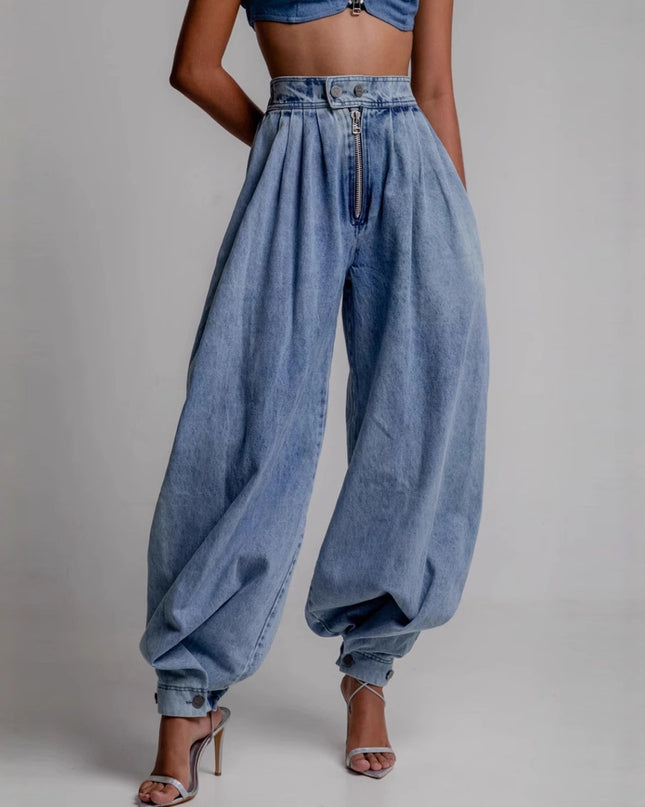 High Waist Zipper Denim Loose Harem Pants