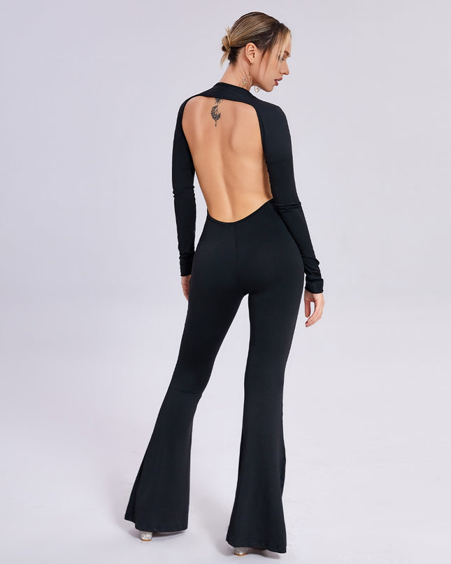 Long-sleeved Open-back Slim-fit Straight-leg Jumpsuit