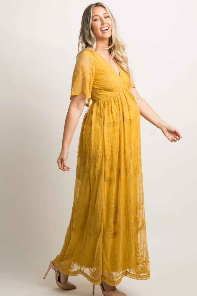 Maternity Dresses for Photo Shoot Summer V Neck White Lace white Maxi Dress