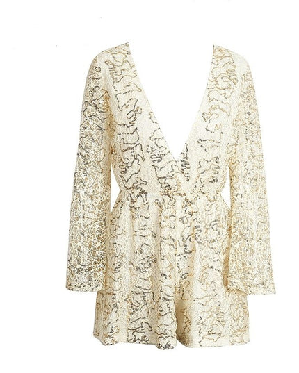 lace jumpsuits rompers  deep v long sleeve shorts