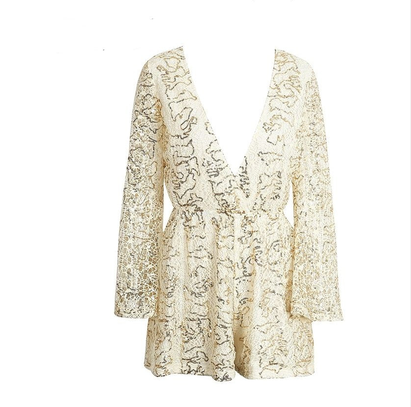 lace jumpsuits rompers  deep v long sleeve shorts